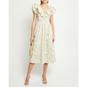 O.P.T Anthropologie Kate Yellow Floral Flutter Sleeve Cotton V-Neck Midi Dress